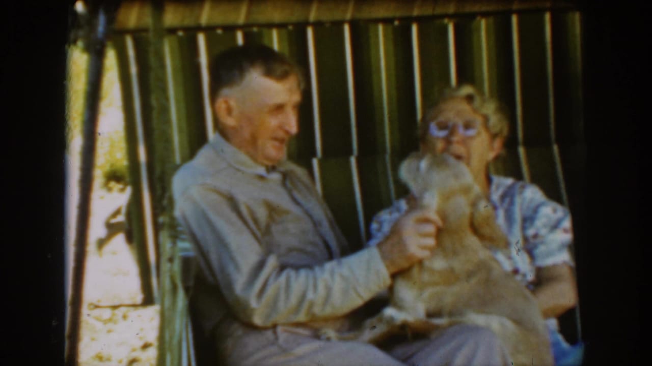 Man lifts a tan dog upright while the woman sits beside him on the porch swing.