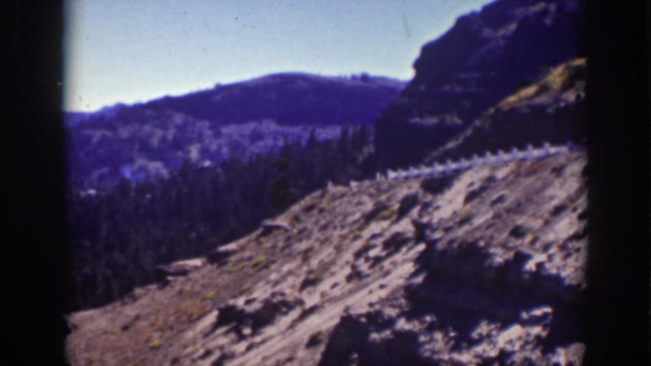 Rocky mountain road above a forested valley under a pale blue sky.