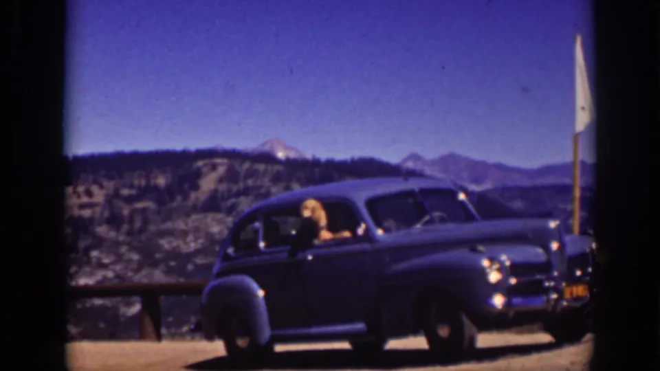 A dark vintage sedan at a Lake Tahoe overlook, with a light-colored dog and a person visible by the passenger window.