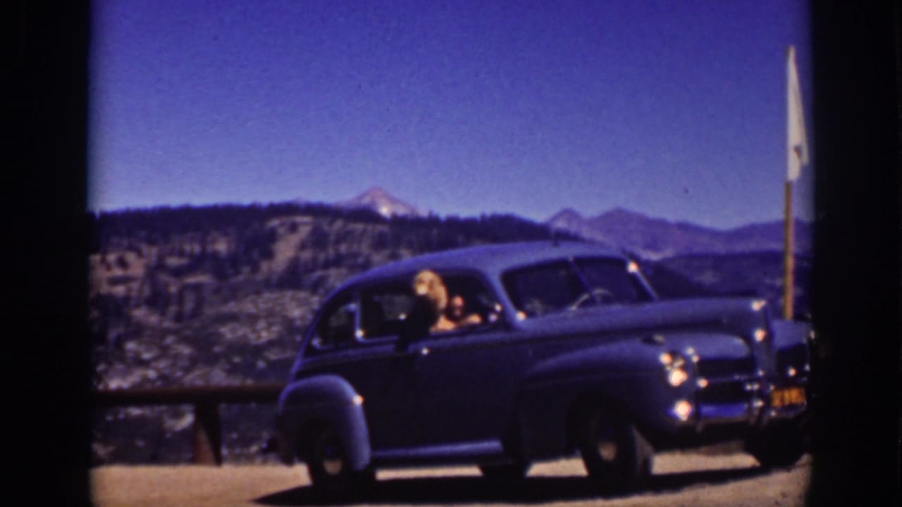 Woman leaning from a classic sedan at a mountain lake overlook.