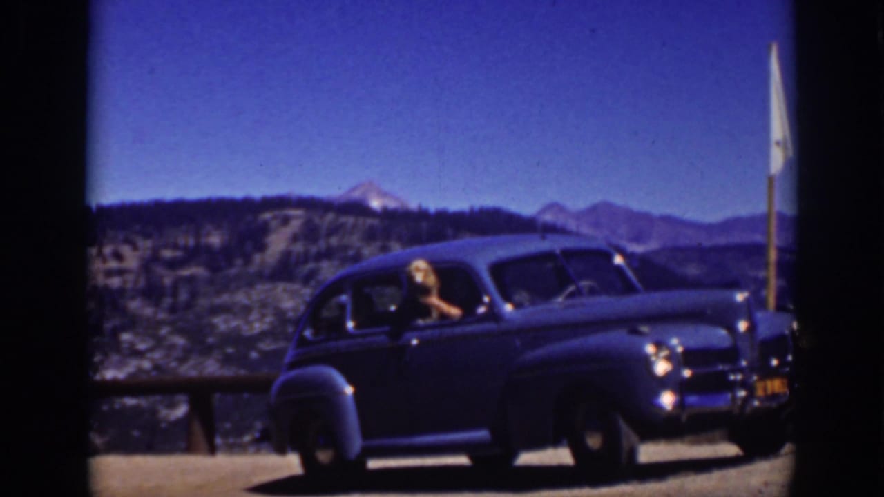 Blue sedan beside an overlook railing with a woman visible at the driver's window and mountains behind.
