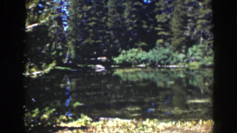 Late-1930s Lake Tahoe home-movie frame of a wooded lake edge with still water, reflections, and visible 8mm frame borders.