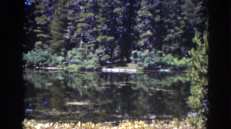 1939 8mm Lake Tahoe scene with dark water, dense trees, shoreline brush, and a pale dock-like shape across the lake.