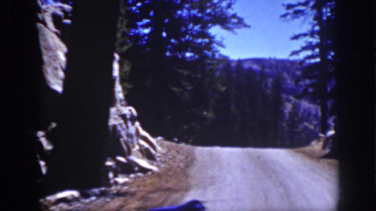 A Lake Tahoe road-view frame shows a pale gravel road bordered by conifers, rock formations, and distant forested hills.