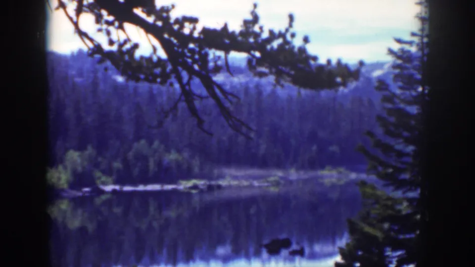 Vintage 8mm Lake Tahoe view from 1939 showing still water, pine-covered shore, mountain backdrop, and silhouetted branches above.