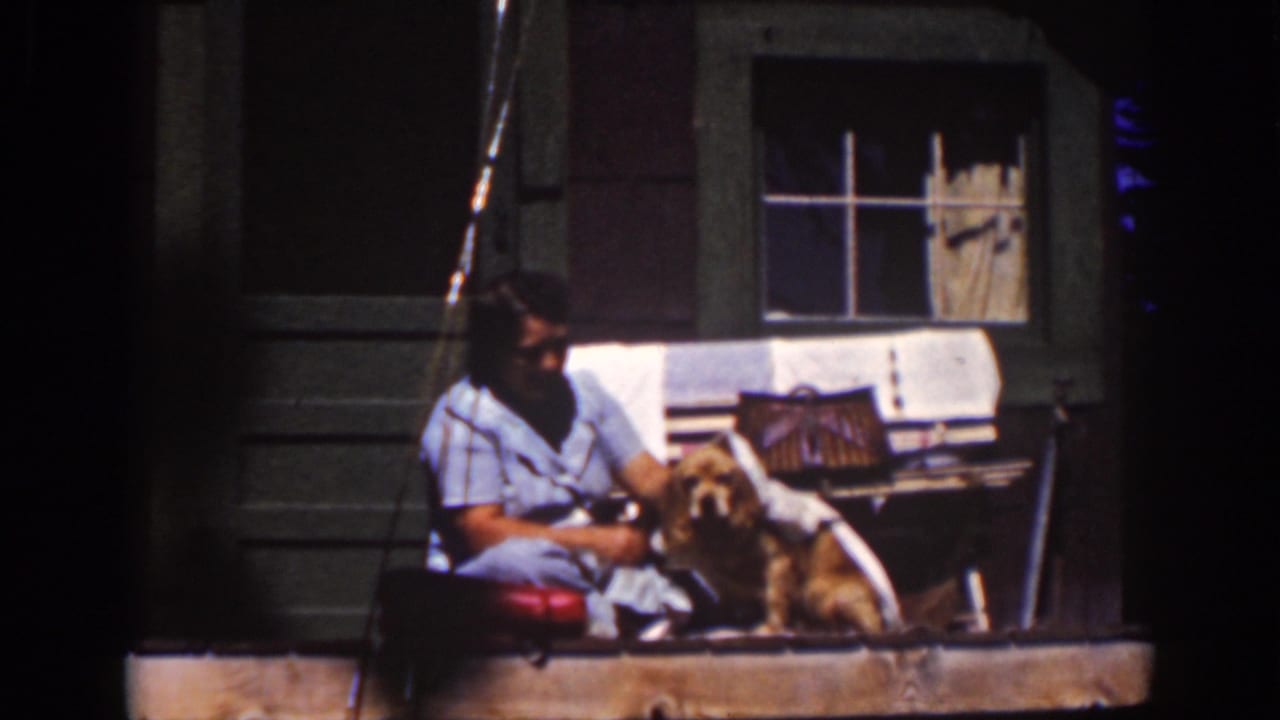 1939 Lake Tahoe home-movie frame showing a woman seated on a cabin porch beside a small dog, with sunlit cloth and window details.