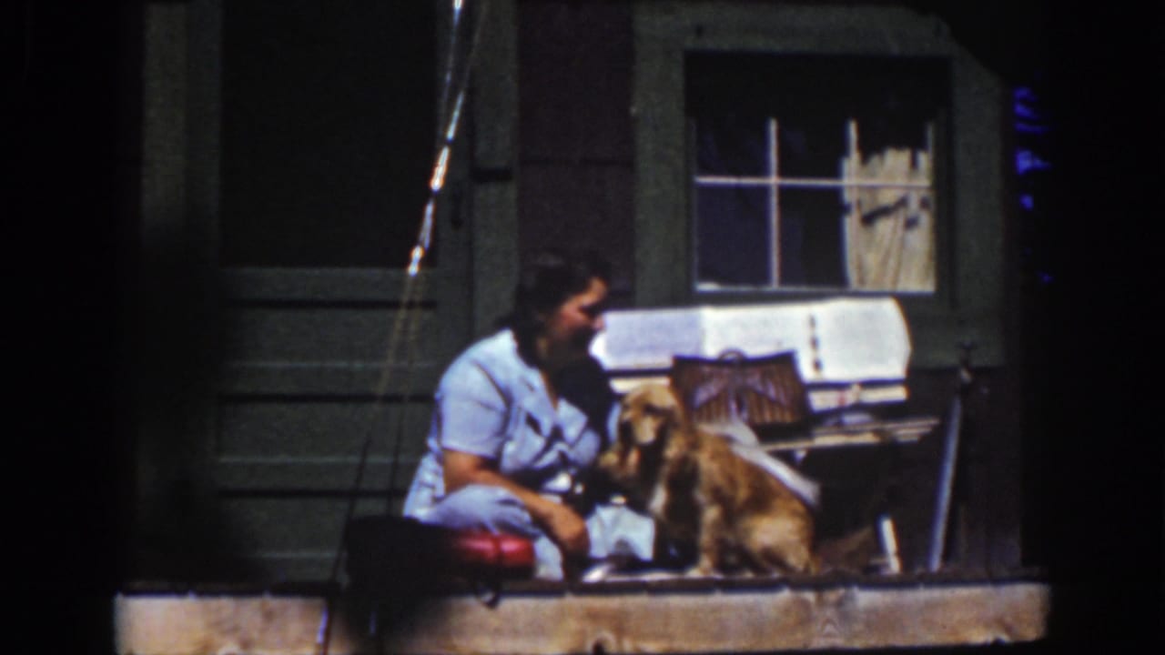 The final frame shows the woman turned toward the golden dog as it sits beside her on the Lake Tahoe porch near a curtained window.