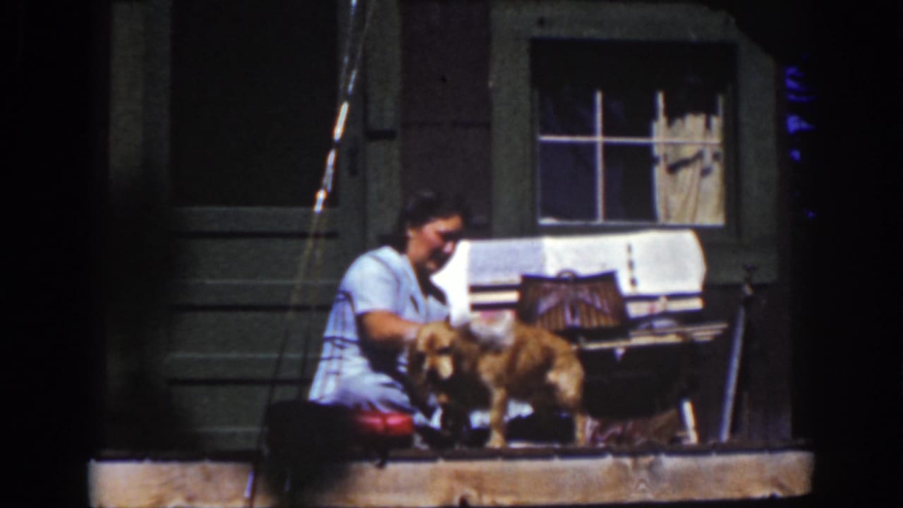 Woman in a light blue dress wipes a golden dog with a white towel on a porch.