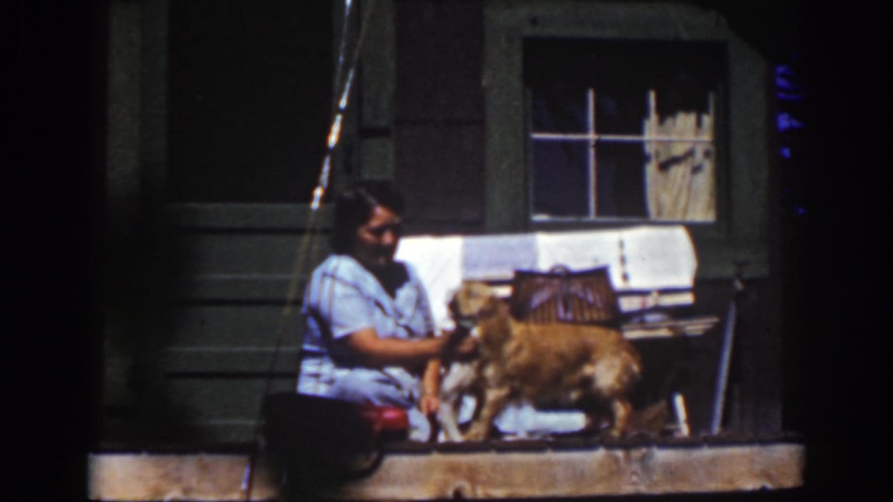 In Lake Tahoe home-movie footage from 1939, a woman sits on a cabin porch and reaches toward a golden-colored dog.