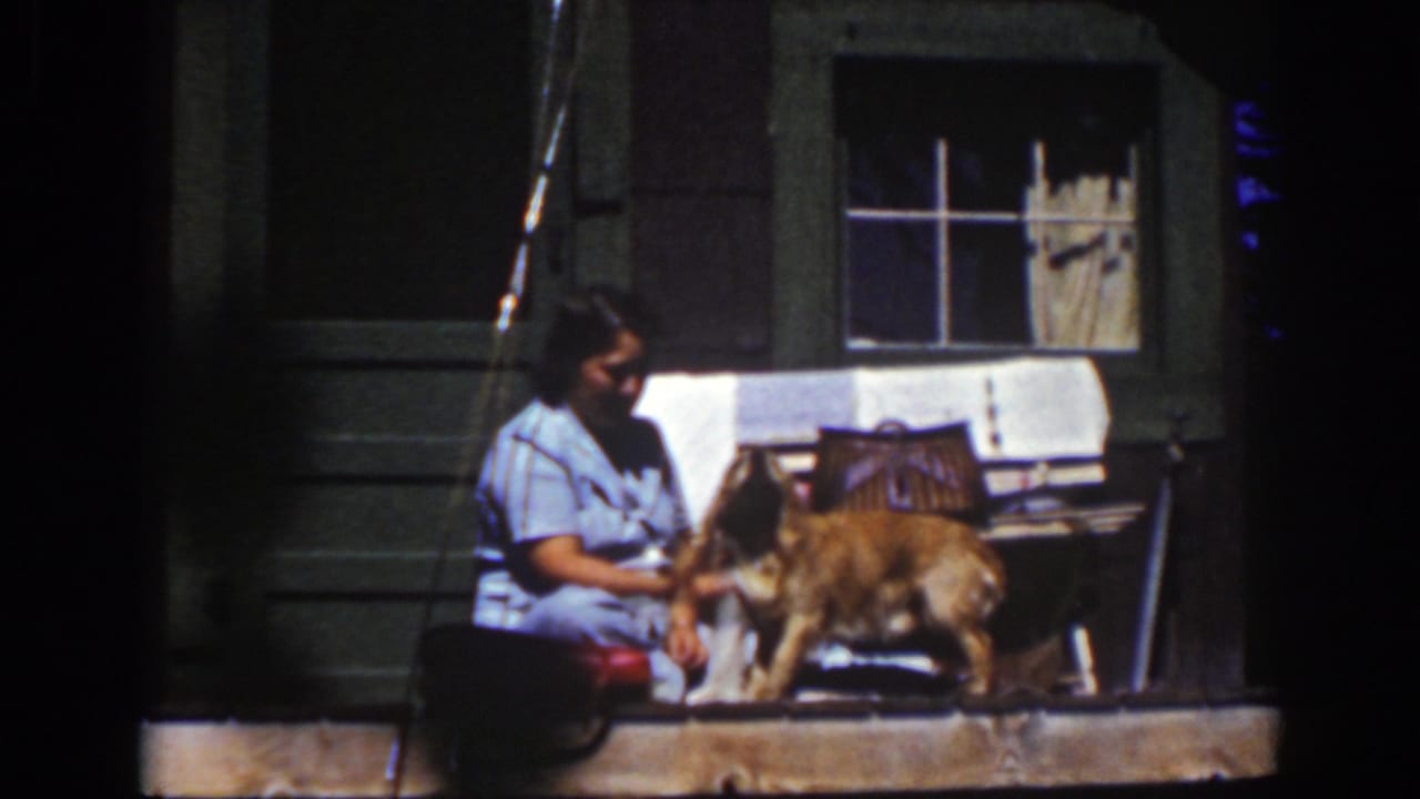 Woman on a porch holds a dog near a bowl in front of a cabin wall and window.