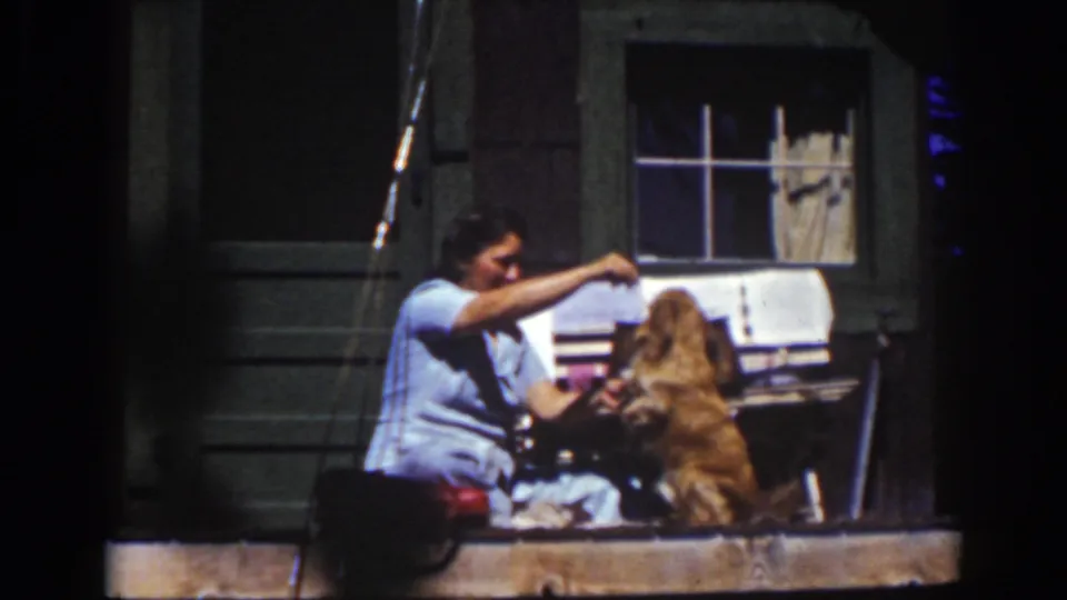 A woman reaches over the dog with a bowl nearby during the 1939 Lake Tahoe cabin porch washing moment.
