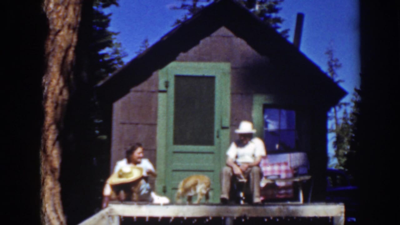 Man and woman sit on a cabin porch while a dog walks nearby.