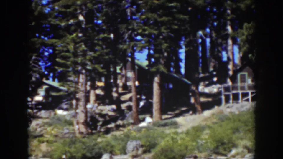 1939 Lake Tahoe home-movie frame showing a rustic cabin glimpsed through tall pines, rocks, and green woodland growth.