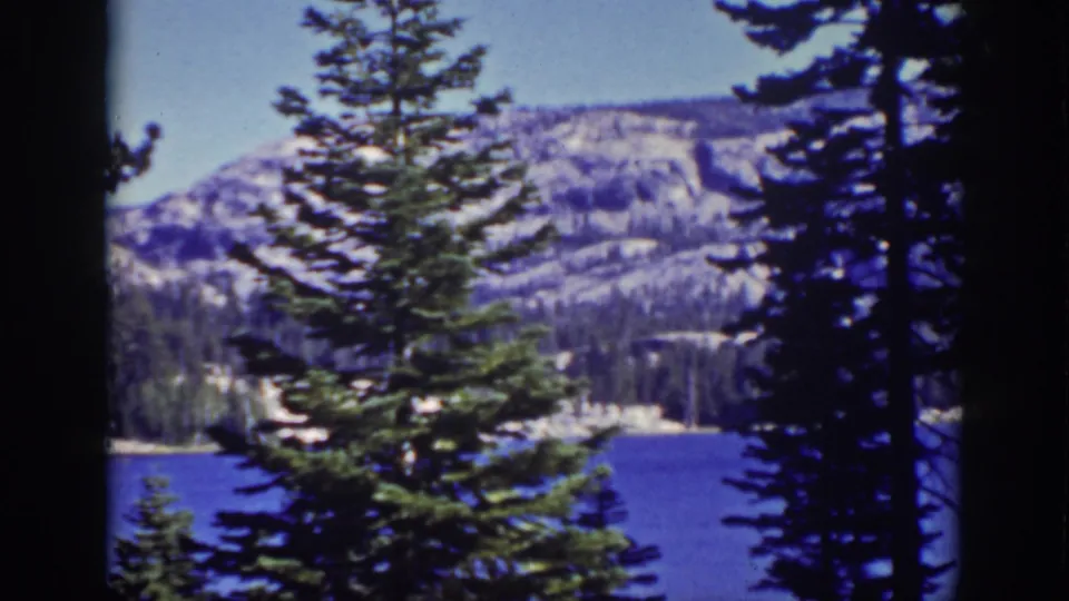 Vintage 1939 Lake Tahoe frame with evergreen branches in front of blue water and distant snowy mountain terrain.