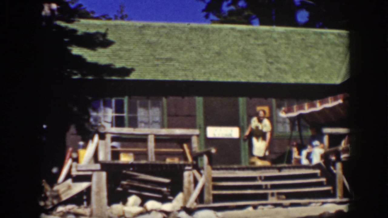 Woman in a light dress stands in a cottage doorway with a dog near the porch.