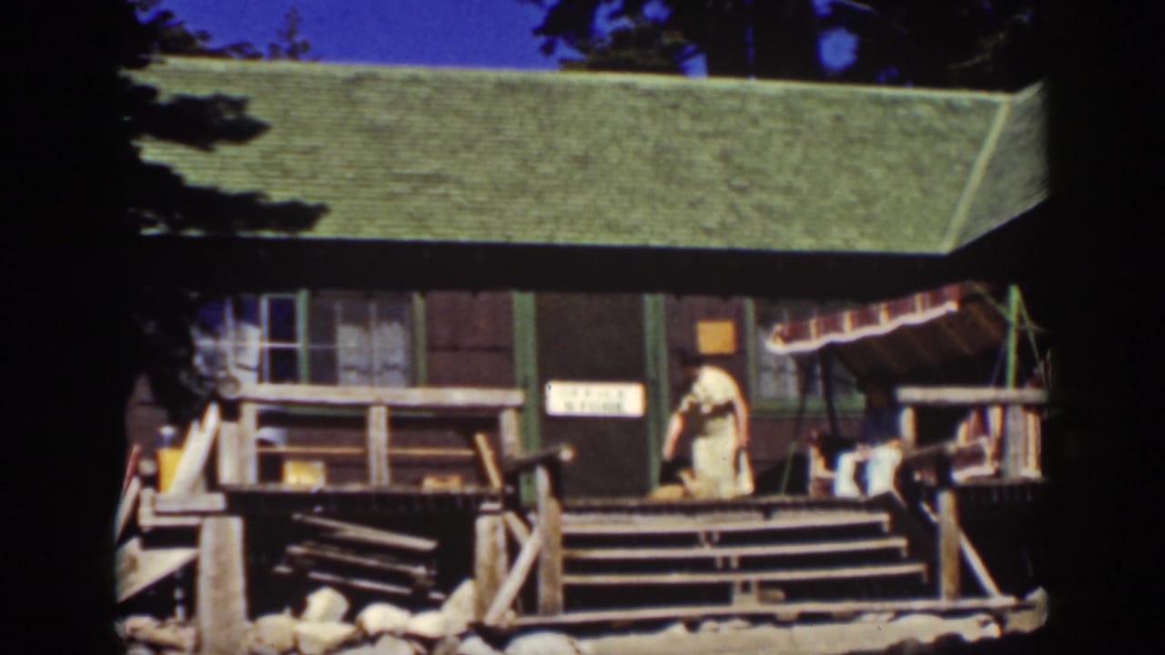Woman moves near the cottage doorway while a dog sits by the porch.