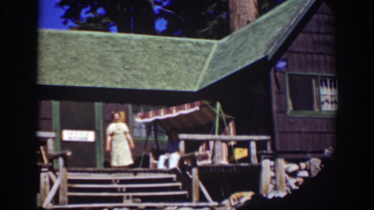 Woman standing on a cabin porch with green roof, awning, wood railings, rocks, and pine trees.