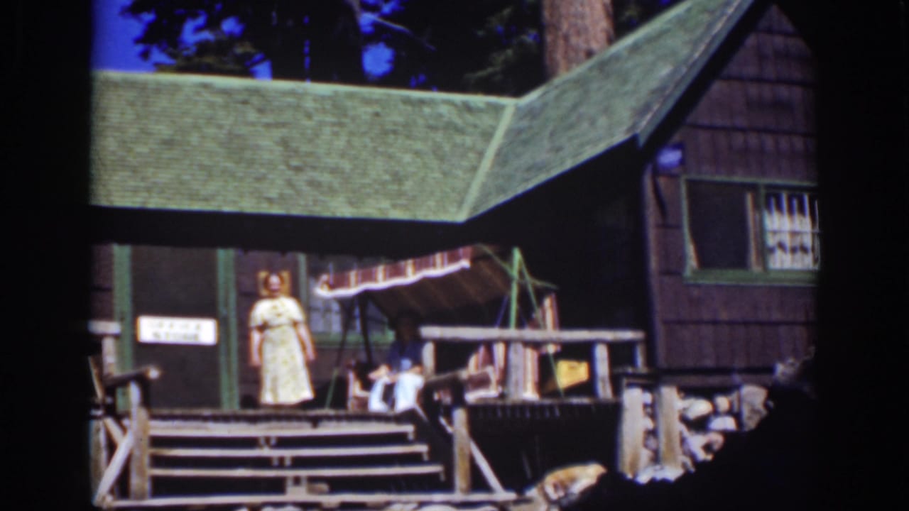 Cabin exterior with woman on porch, green roof, window, striped awning, railings, and trees.