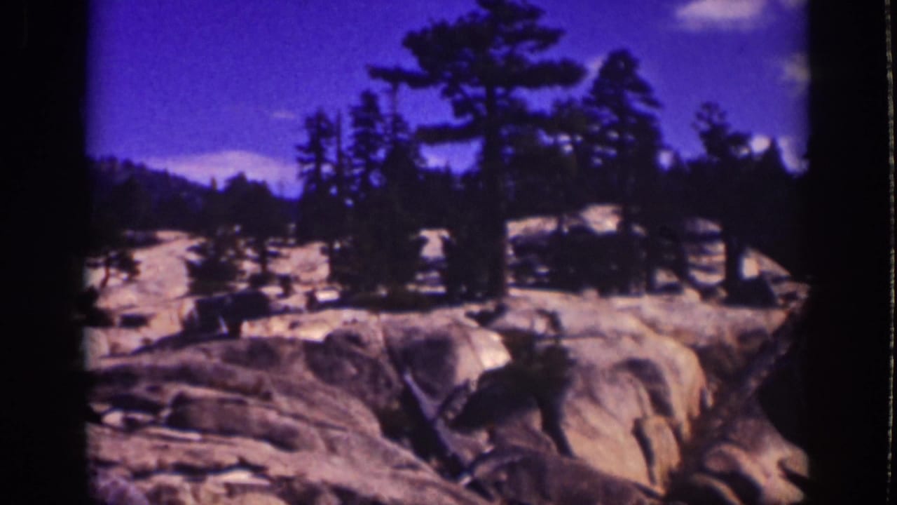 Rocky boulders below dark pine trees and a deep blue sky.