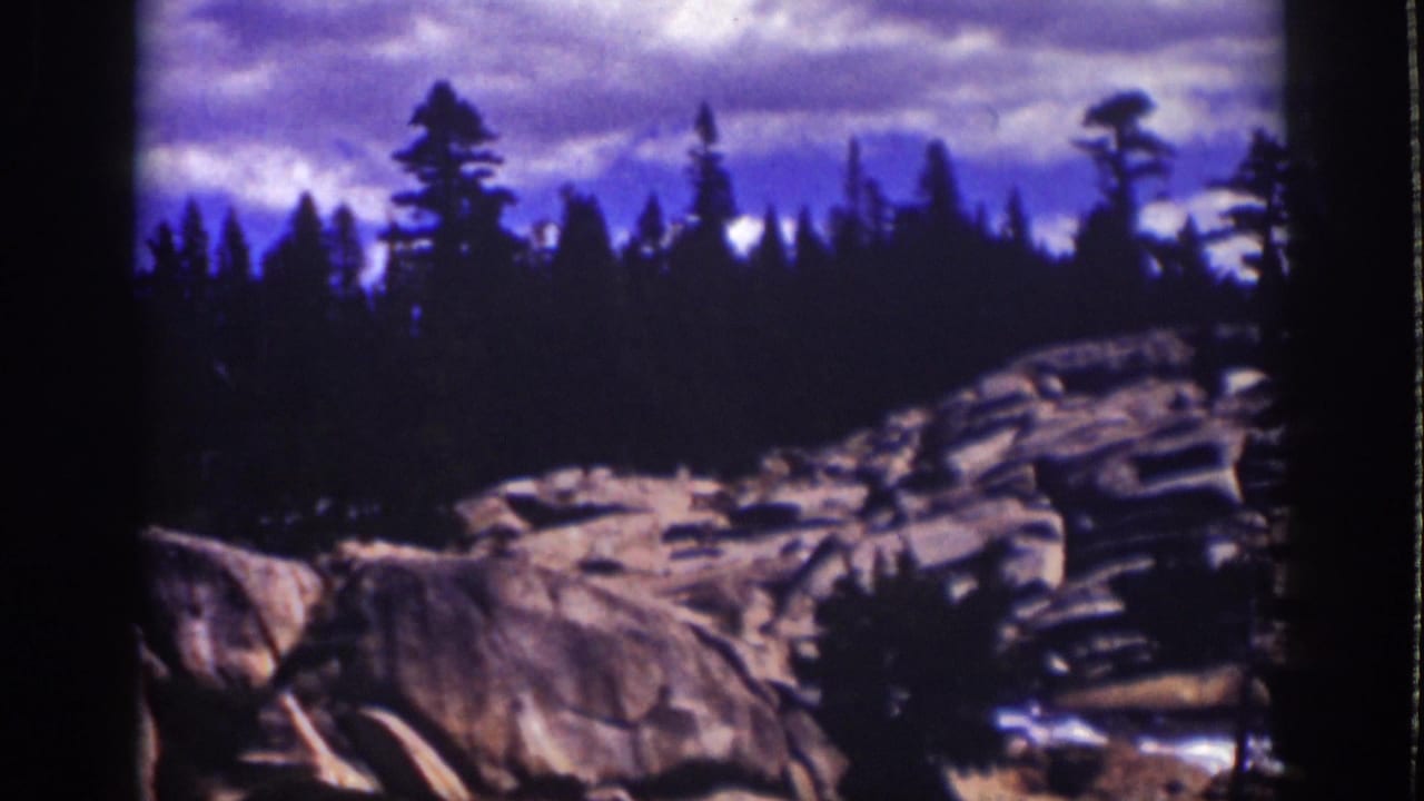 Rocky granite slope with evergreen trees under a clouded blue-purple sky.