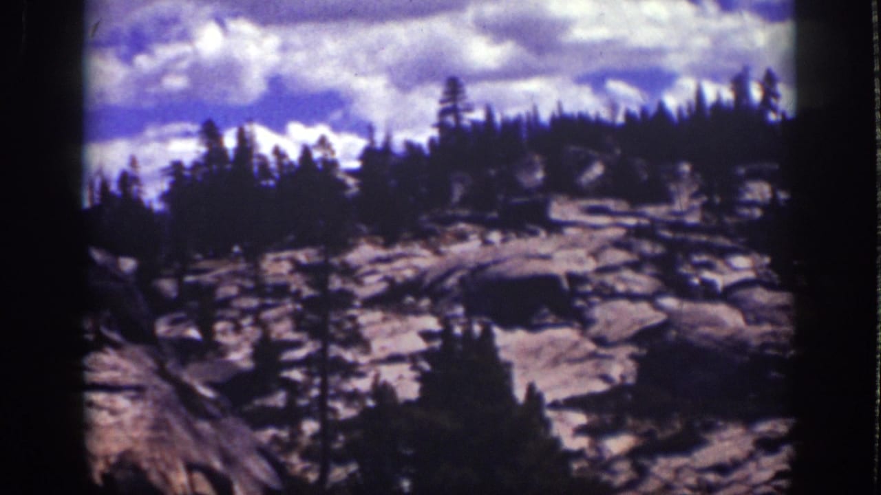 Rocky pine-covered mountain slope under bright clouds and blue sky.