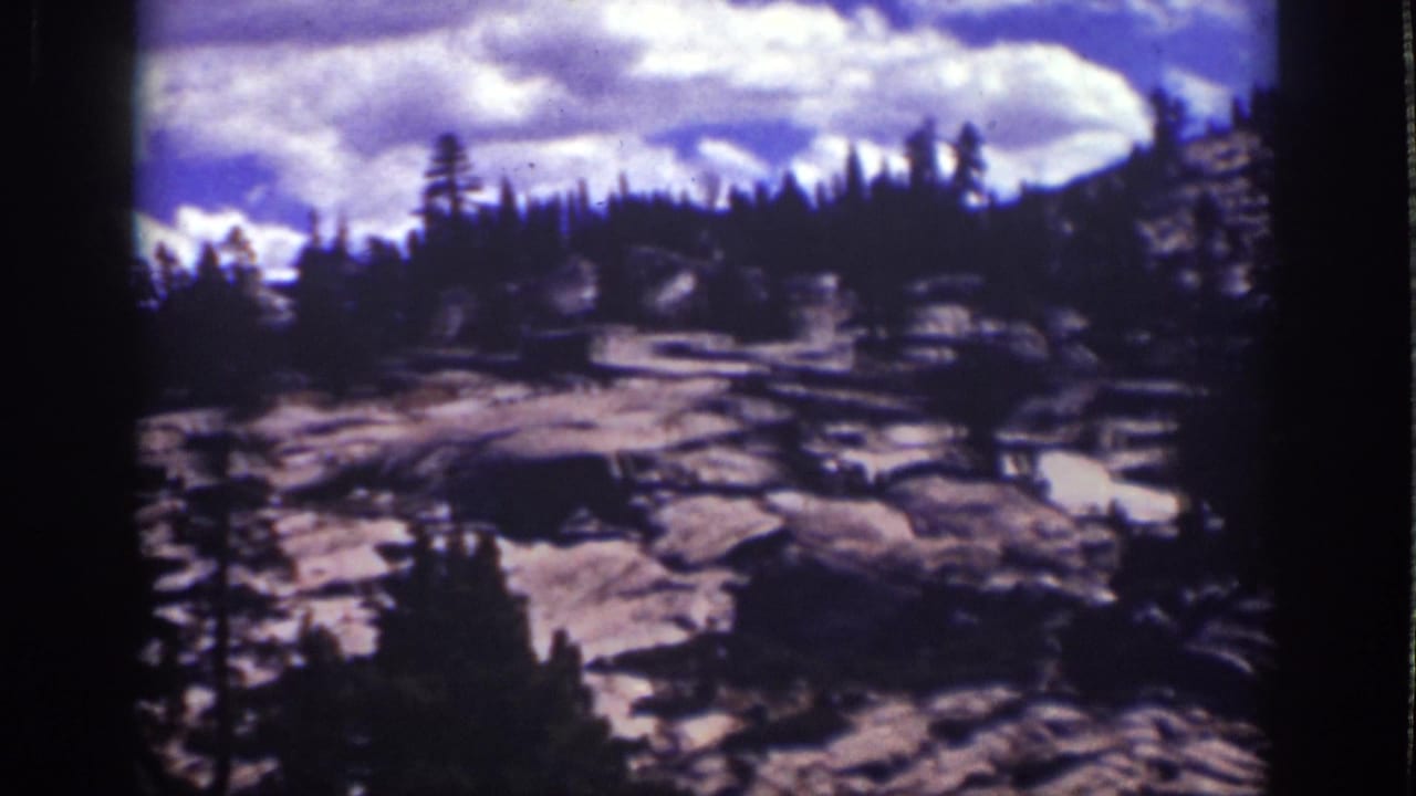 Pine trees and pale rock slabs below a cloudy mountain sky.