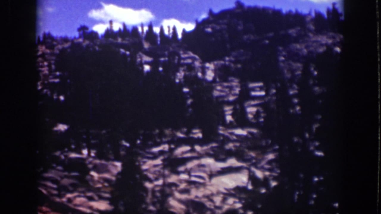 Pine trees and layered rocks on a mountain slope below bright clouds.