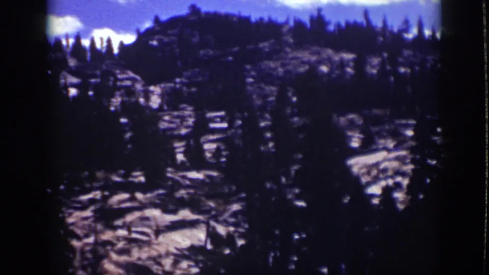 Lake Tahoe mountain scenery from 1939, with tall pines in shadow before a sunlit rocky slope and blue sky.