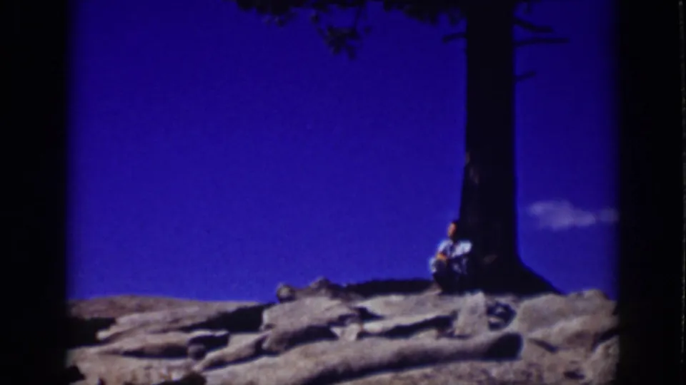 1939 Lake Tahoe frame with a seated figure under a tree, rocky foreground, and saturated blue lake or sky behind them.
