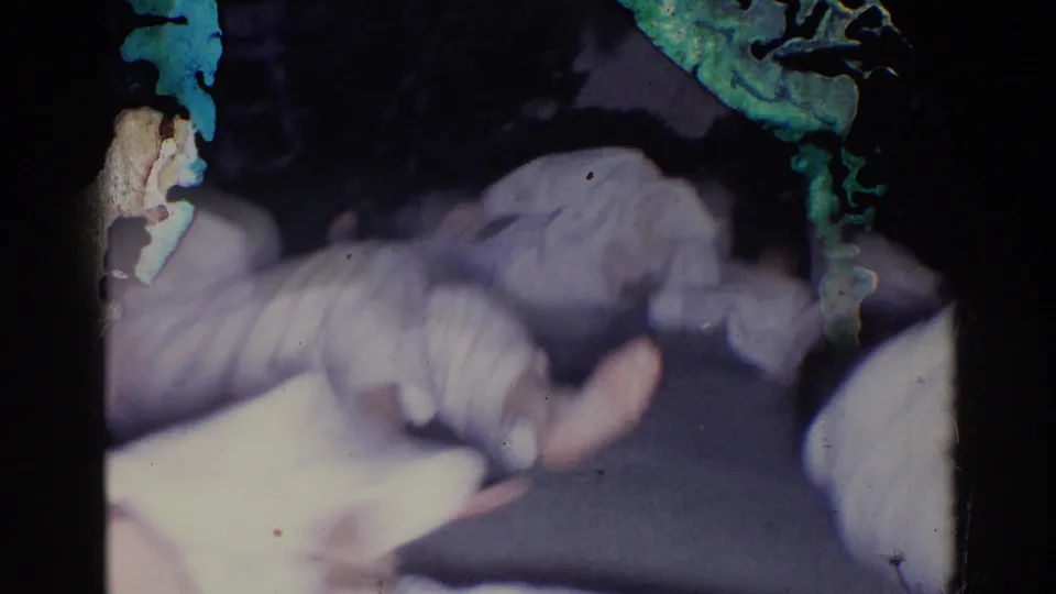 Two adult men appear low on the paved ground during the 1966 El Monte backyard martial arts practice, partly obscured by film damage.