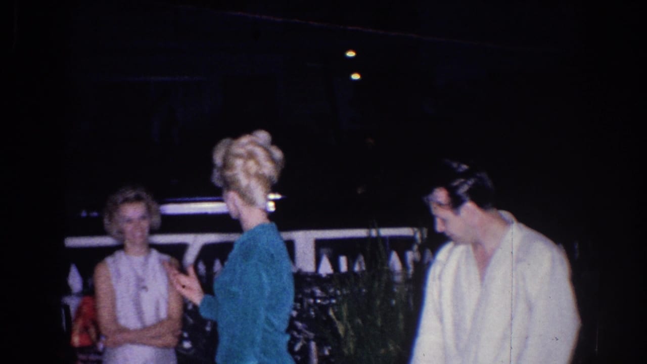 Adults stand and talk near plants in a dimly lit nighttime setting.