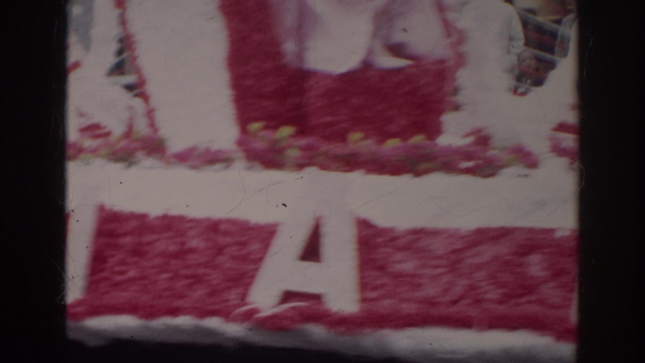 Norfolk, Virginia 1966 parade float detail with pink and white decorations and large partial letters across the side.