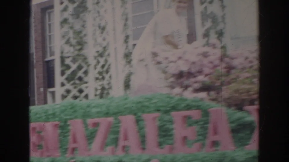The AZALEA lettering is visible on the flower-covered float as Shelley Fabares sits above, with lattice and brick buildings behind.