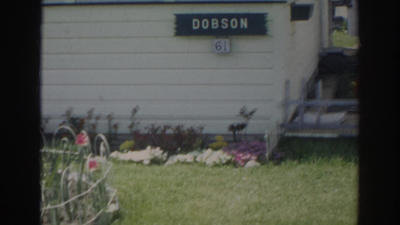 The camera frames the Norfolk yard from a slightly shifted angle, with flowers, grass, white siding, DOBSON sign, and house number visible.