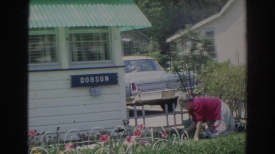 A woman works low in the garden outside a Norfolk residence, with flowers, a Dobson sign, and a light-colored car visible behind her.