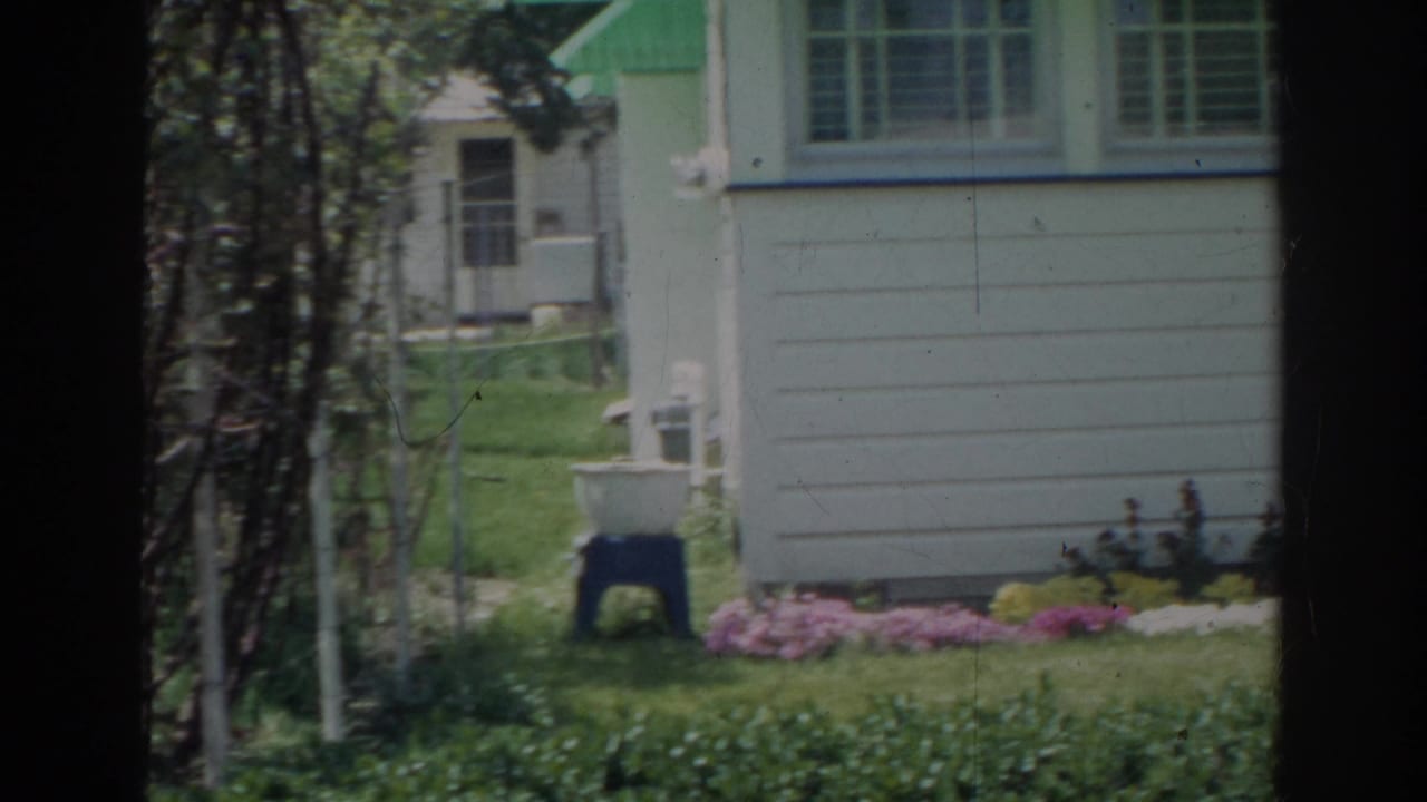 White clapboard house, lawn, trees, flowers, and a blue stool with a white basin.