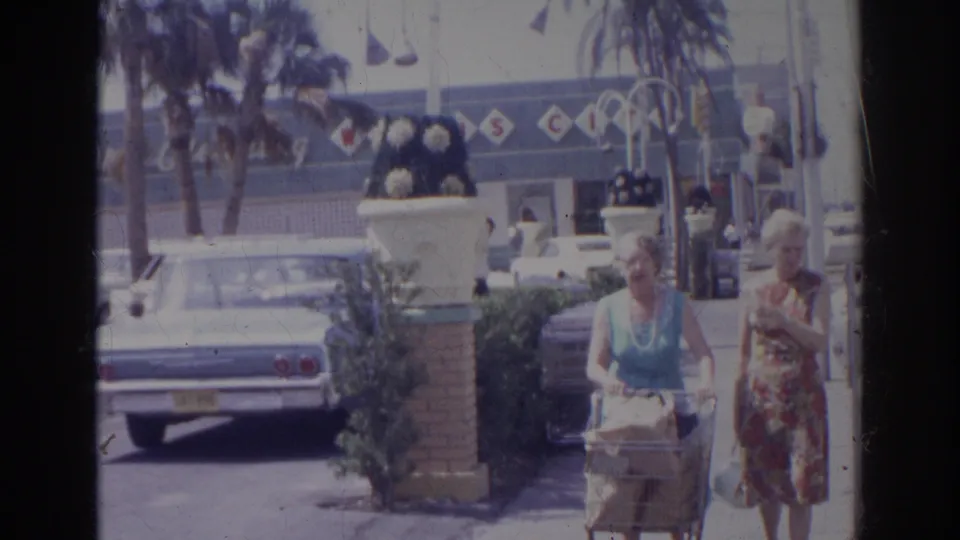Two older women with shopping carts walk along a Norfolk sidewalk near parked 1960s cars, palm trees, planters, and distant signage.