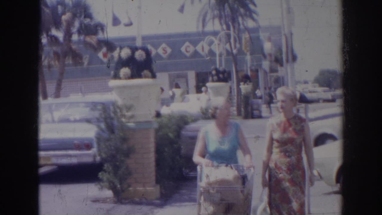 Two elderly women with a grocery cart walk in a sunny supermarket parking area.