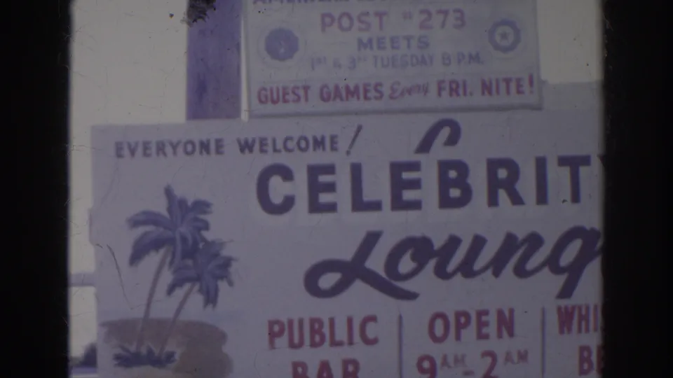 A Celebrity Lounge sign appears in Norfolk footage, with palm graphics and a smaller sign above mentioning Post 273 and meetings.