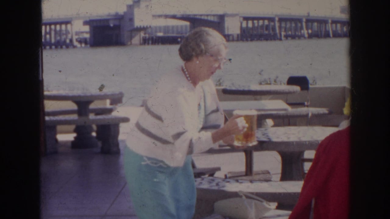 The woman appears to set a large beer glass on or near a stone picnic table at a Norfolk waterfront picnic area in 1966.