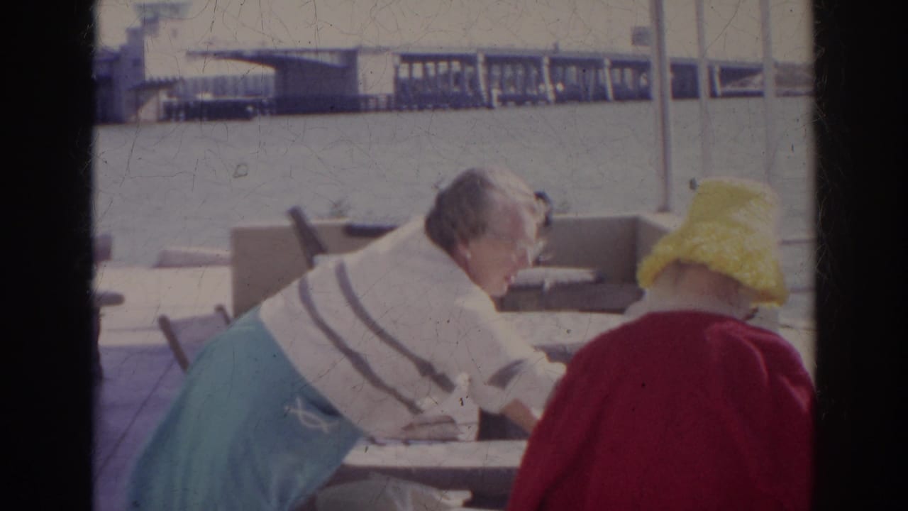 The final frame shows the woman leaning across the table toward a friend in a red top and yellow hat at the Norfolk waterfront picnic area.