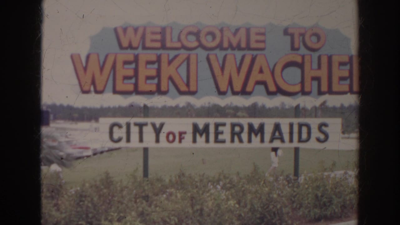 Weeki Wachee City of Mermaids welcome sign beside shrubs and lawn.
