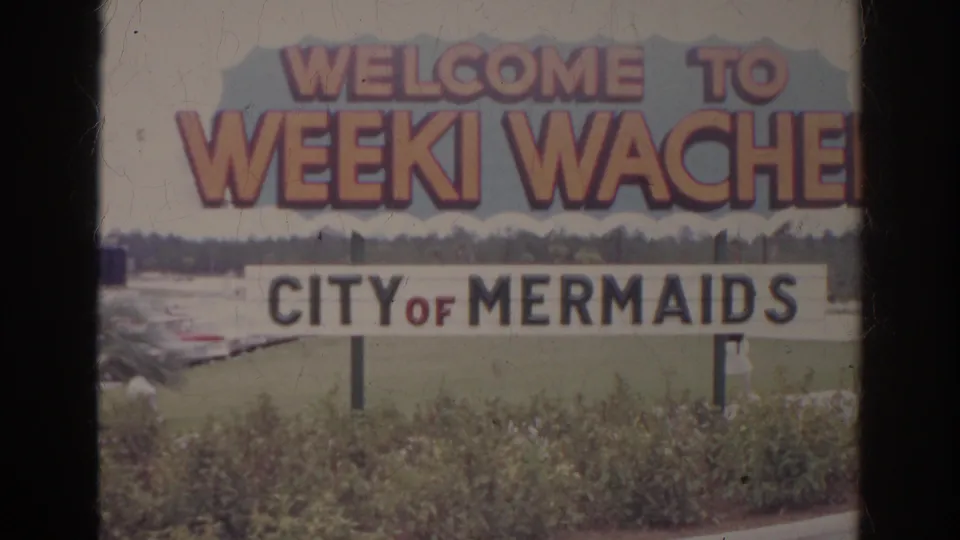 A 1966 8mm view of the Weeki Wachee City of Mermaids sign, with the right side of the sign and landscaped foreground visible.