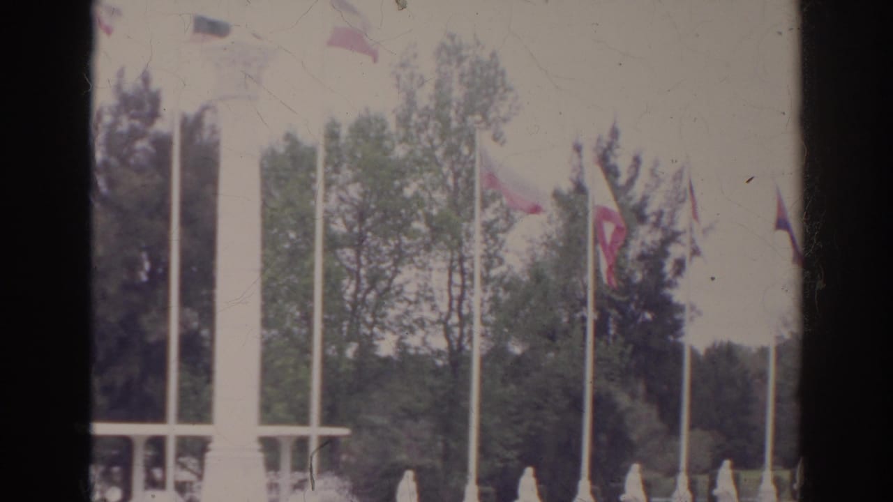 1966 Norfolk, Virginia frame with international flags on tall poles, leafy trees, and a partially visible white park structure below.