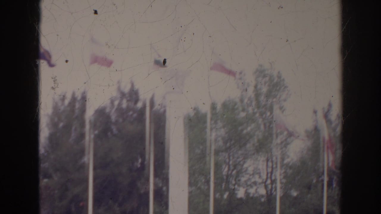 1966 Norfolk home-movie frame showing several flags on tall poles above trees, with faded color and visible film wear.