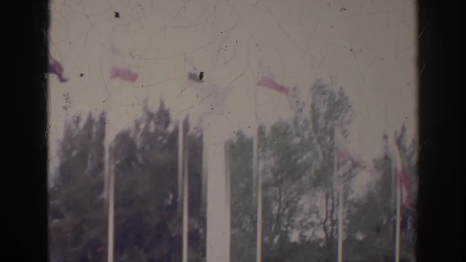 1966 Norfolk home-movie frame showing several flags on tall poles above trees, with faded color and visible film wear.
