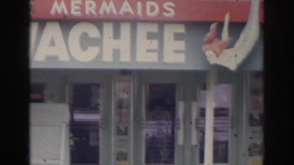 1966 Norfolk storefront frame showing partial Weeki Wachee lettering, red mermaids sign band, windows, entrances, and a mermaid graphic.