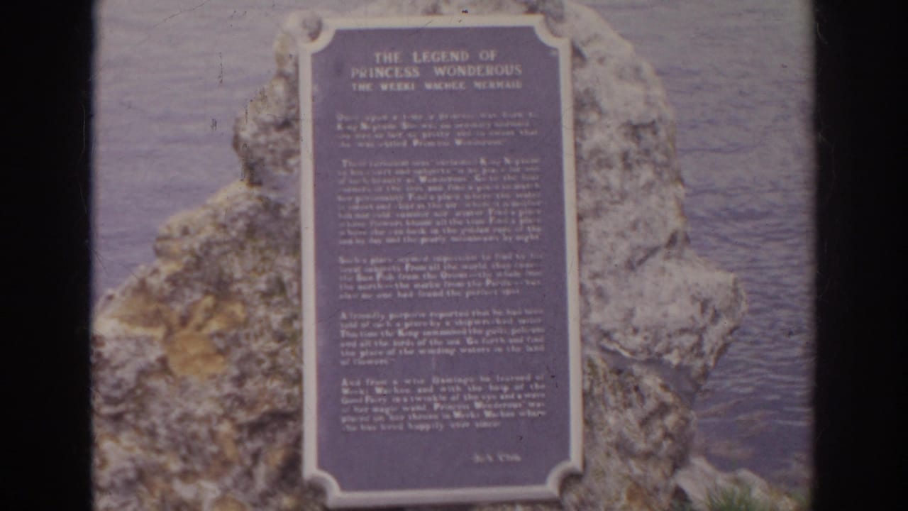 Outdoor plaque about the Legend of Princess Wonderful mounted on rocks near water in 1966 Norfolk home-movie footage.