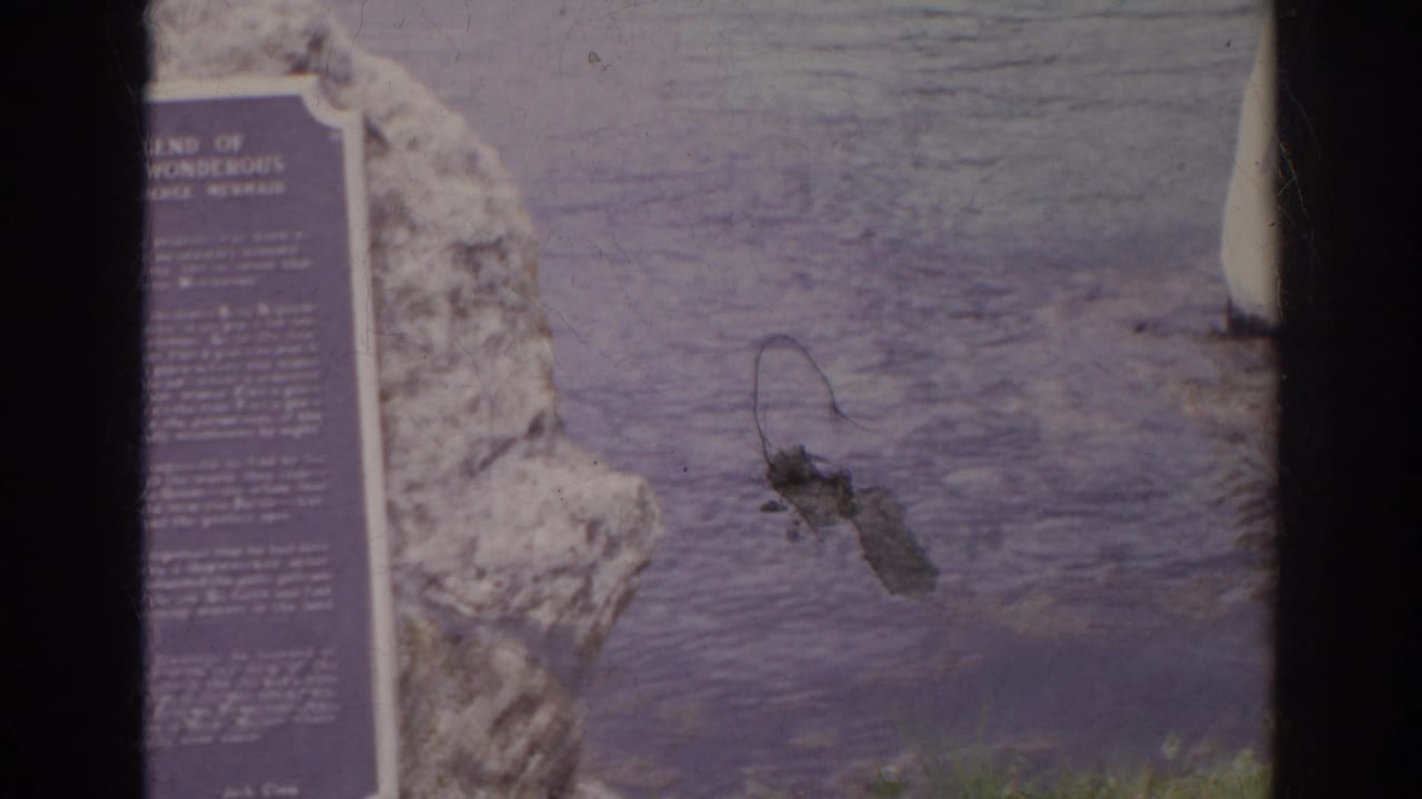 Visitor-shot 1966 Norfolk frame with a plaque set into rock by the water, partly divided by the 8mm frame edge.