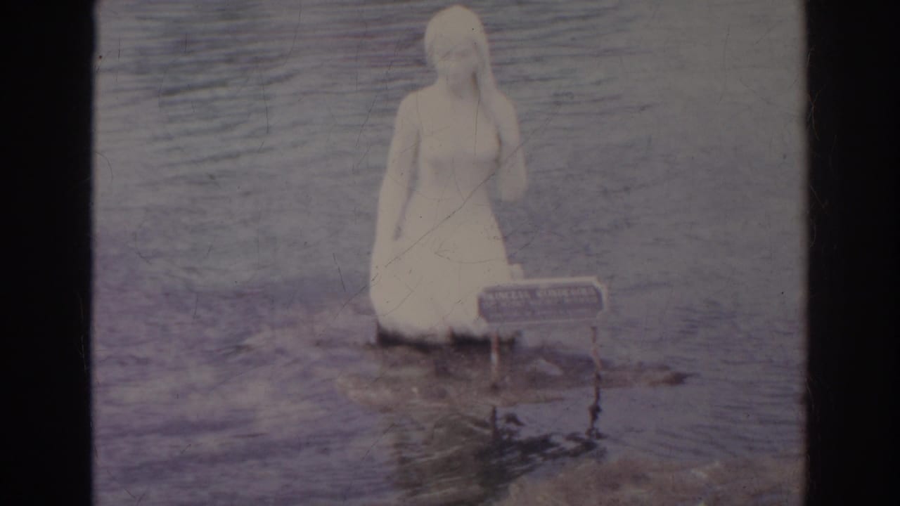 Woman in a white dress stands waist-deep in water beside a small sign.